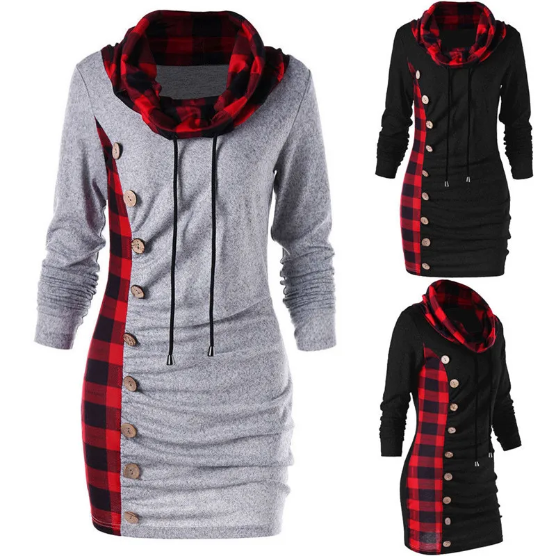 

Womens Long Sleeve Plaid Jumper Sweatshirt Dress Loose Casual Grey Black Buttons Pullover Tops Plus Size M L XL XXL