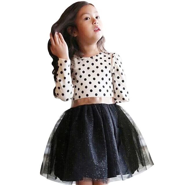 Princess Girls Dress Long Sleeve Dot Patchwork Ball Gown Tulle Dresses For Kids