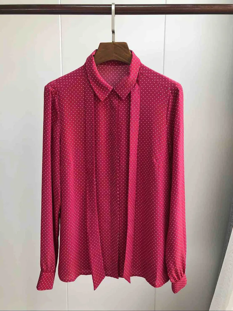  100% Silk Women Red Sweet Chemise Blouse Tie Bow Neck Long Sleeve Polka Dot French Style Shirt Tops