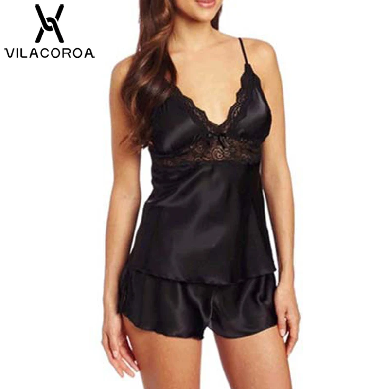 

Sexy Lace Solid Sleeveless Camis Pyjamas Women Plus Size V-Neck Top + Shorts Pajamas Set 4 Color pyjama femme pijama mujer