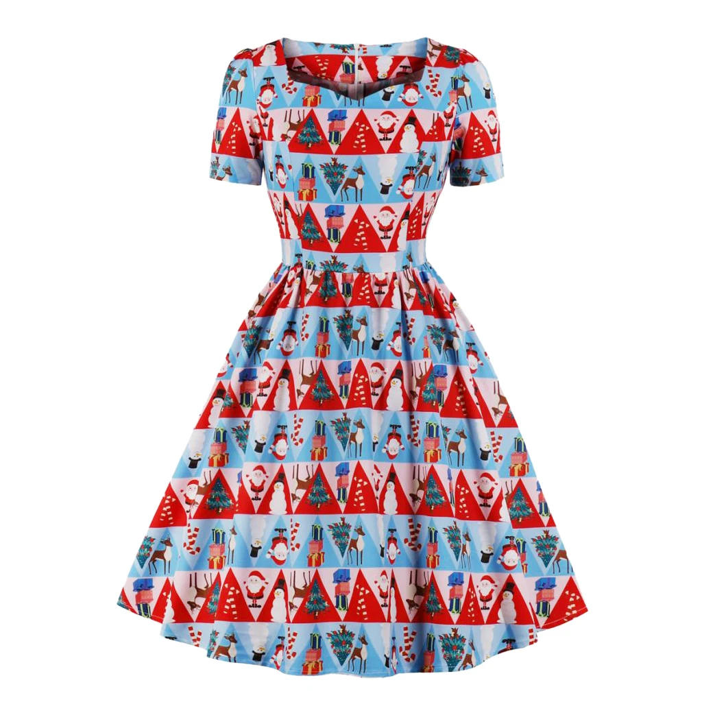 

Women Summer Clothing Vintage Christmas Dress Santa Claus Reindeer Print Dress Party Short Sleeve A Line Dresses