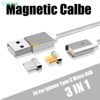 

200pcs 3 in 1 Magnetic Cable For Iphone Micro USB Type C Fast Charge 1M Nylon Sync Mobile Phone Charging Cables for Samsung