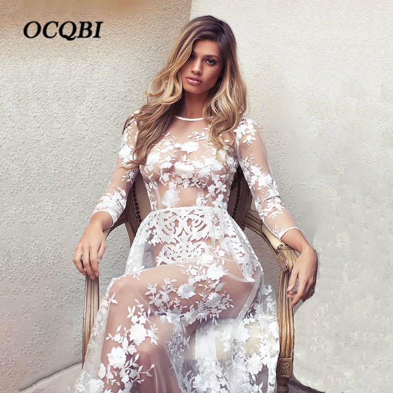 

Plus Size 2018 Summer Women Lace Beach Sundress Sexy & Club Fashion Floral White Maxi Dress