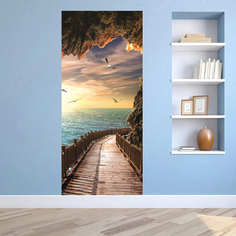 Пещера деревянный мост рассвет морской пейзаж 3D стикер двери Настенные обои гостиная спальня ПВХ водонепроницаемый стикер двери s домашний декор