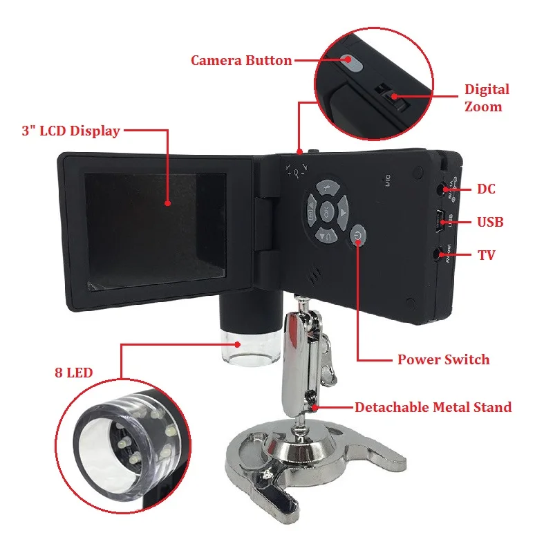 Professional 500X Handheld Digital Microscope Real 5.0MP 3" LCD Display With 8 LED Support USB SD Card Photo and Video Capture