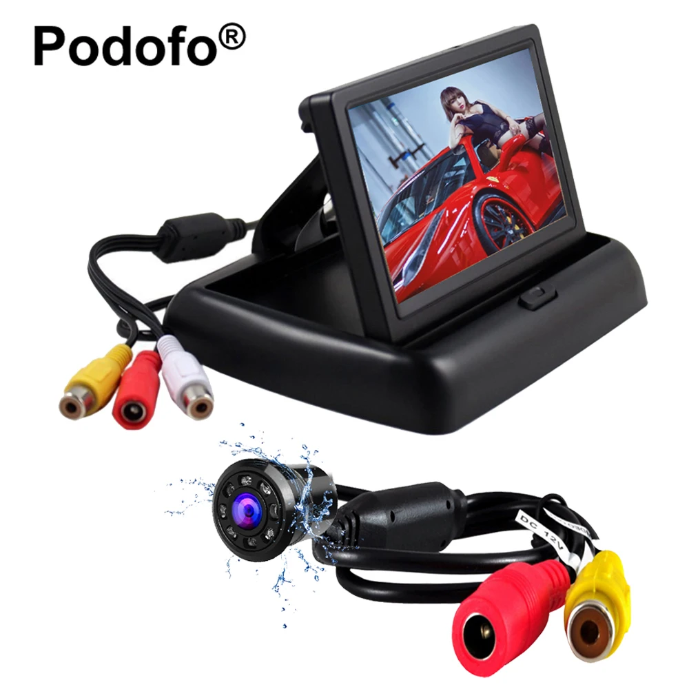 

Podofo Waterproof Car Rear View Backup Camera Reverse Parking System + 4.3" HD Foldable Car Monitor Vehicle Camera Car-styling