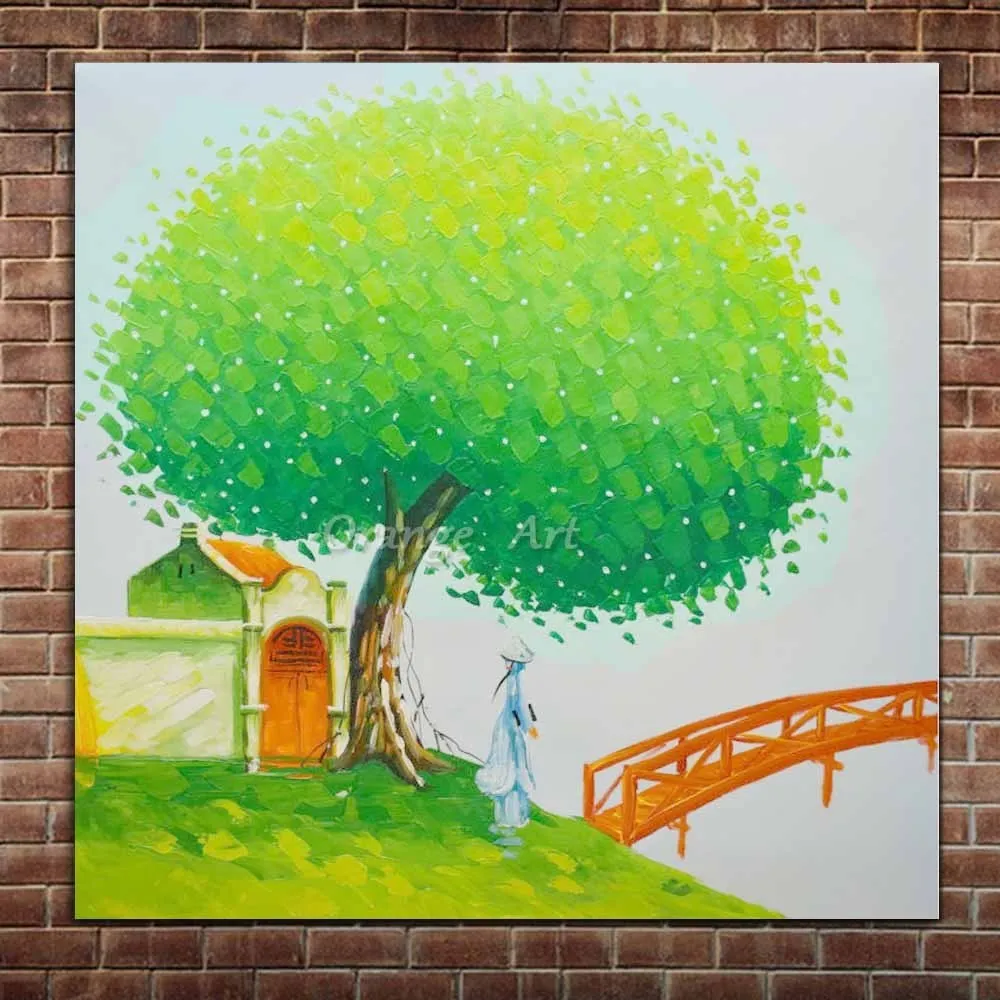 

Hand Painted Abstract GreenTree Palette Knife Oil Paintings On Canvas Green Tree Wall Picture For Children's Room Home Wall Deco