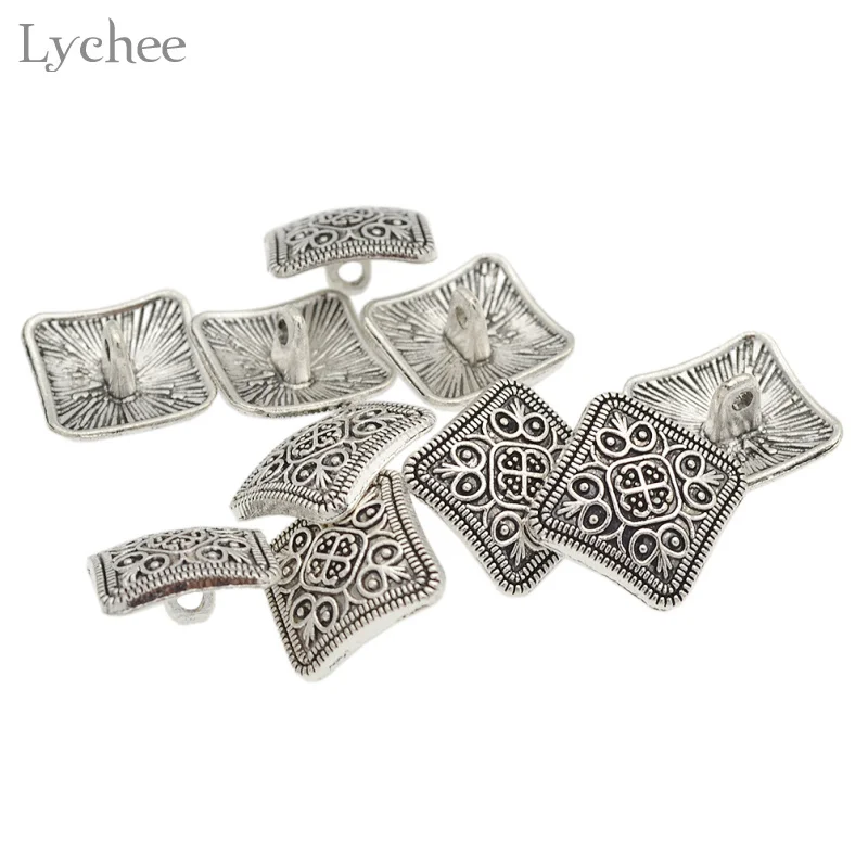 10 Pcs Square Antique Silver Floral Carved Shank Buttons Sewing Craft Metal 