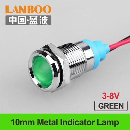 LANBOO 10 мм металлический плоский круглый светодиодный индикатор 3-8V 9-24V 220V одноцветная цветная лампа с кабелем 150 мм - Цвет: 10mm-GREEN-(3-8V)