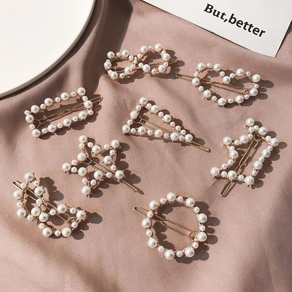 

2019 New Women Girls Elegant Pearl Geometric Alloy Hair Clips Barrettes Hairpins Female Crystal Metal Hair Accessories Hairgrip