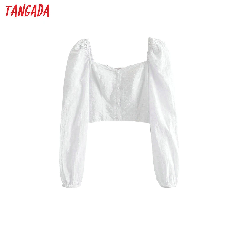 

Tangada women white embroidered blouse long sleeve vintage french style stretch lady crop shirt female top 3H202