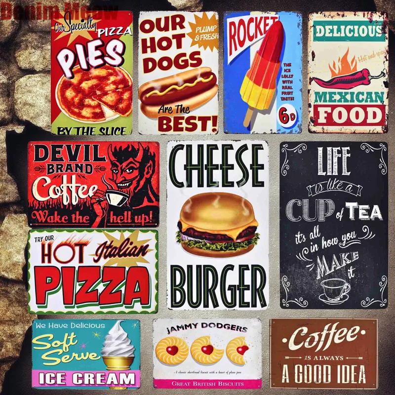 

Italian Pizza Vintage Metal Sign Kitchen Cafe Decorative Plates Mexican Food Pie Stickers Ketchup Wall Metal Poster Decor MN74