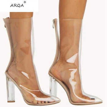 

2019 Women Ankle Boots PVC Transparent Ankle Boots Clear Chunky Crystal High Heel Pointed-Toe Casual Shoes Woman Zipper
