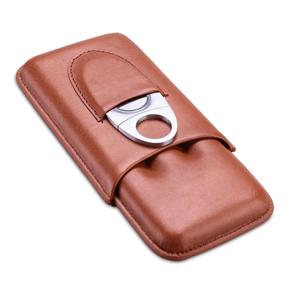 

Portable travel Leather Cigar Case 2 Tube Holder Cigars Humidor Box with Metal Cigar Cutter TH-1002 free ship hot sale