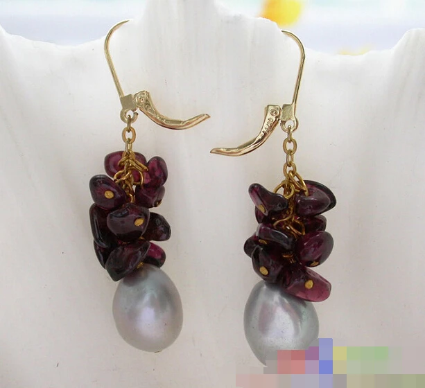 

hot sell new - -hot 12152 garnet detritus baroque gray pearl dangle earring