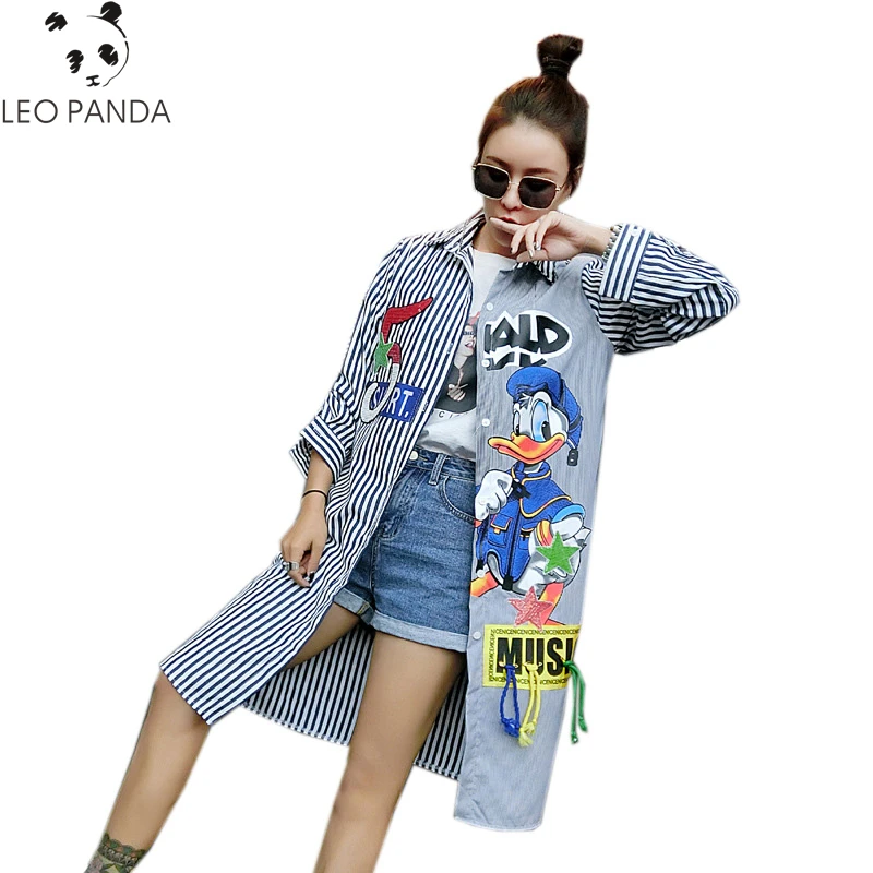 

New European Designer Long Shirts Print Patchwork loose Shirts Cute Cartoon Appliques Sequined Stripped Casual Blouses HF275