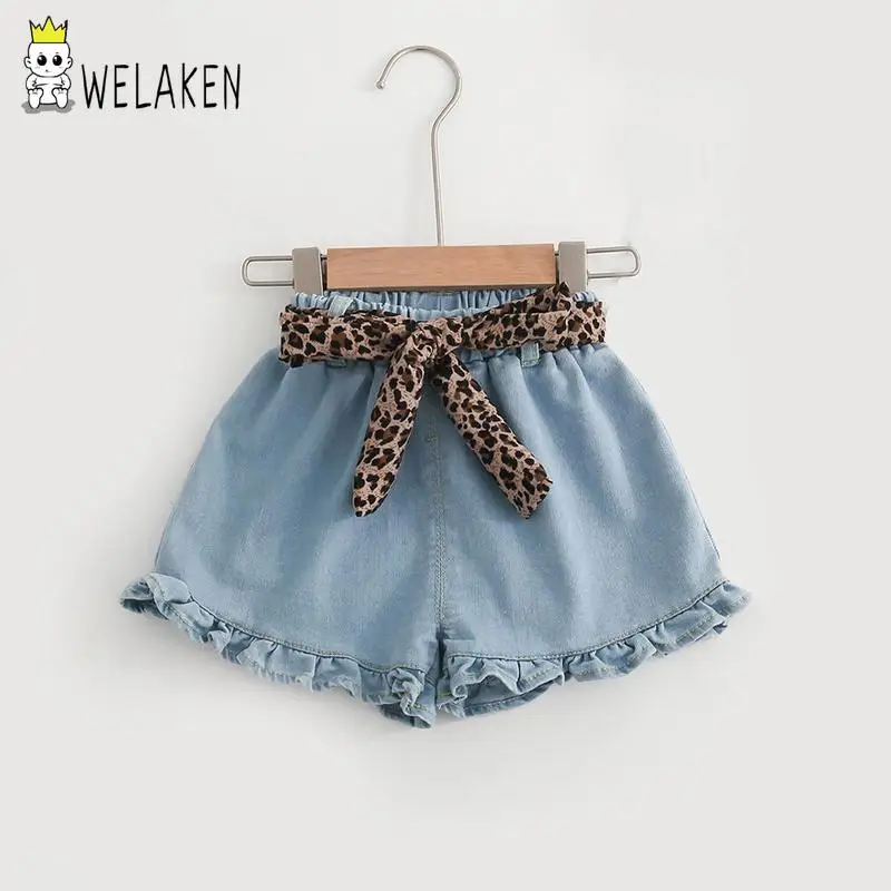 

WeLaken Summer Girls Shorts New Arrival Denim Leopard Belt Explosion Breathable Casual Wear Baby Summer Shorts