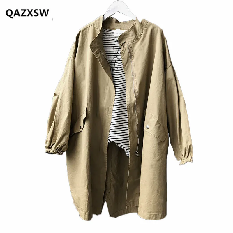

2019 Spring New Windbreaker Female BF Style Drawstring Washed Cotton Trench Large Size SY080