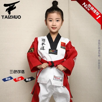 

2017 Children Taekwondo Uniform Poomsae dobok kids red blue black tae kwon do clothes Breathable cotton good quality WTF approve