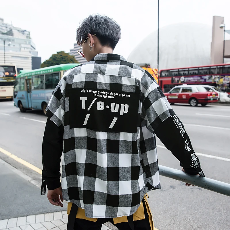 Red And Black Plaid Patchwork Shirt Men  (25)