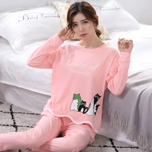 Демисезонный Длинные рукава хлопок Для женщин пижамы набор мультфильм пижамы Сладкий Обувь для девочек пижама Mujer леди Повседневное домашняя одежда