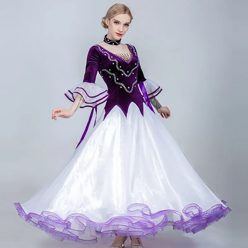 purple Бархатное платье для соревнований бальных танцев, женское стандартное бальное платье для девочек, бальное платье для вальса, вечернее платье, танцевальные костюмы - Цвет: purple