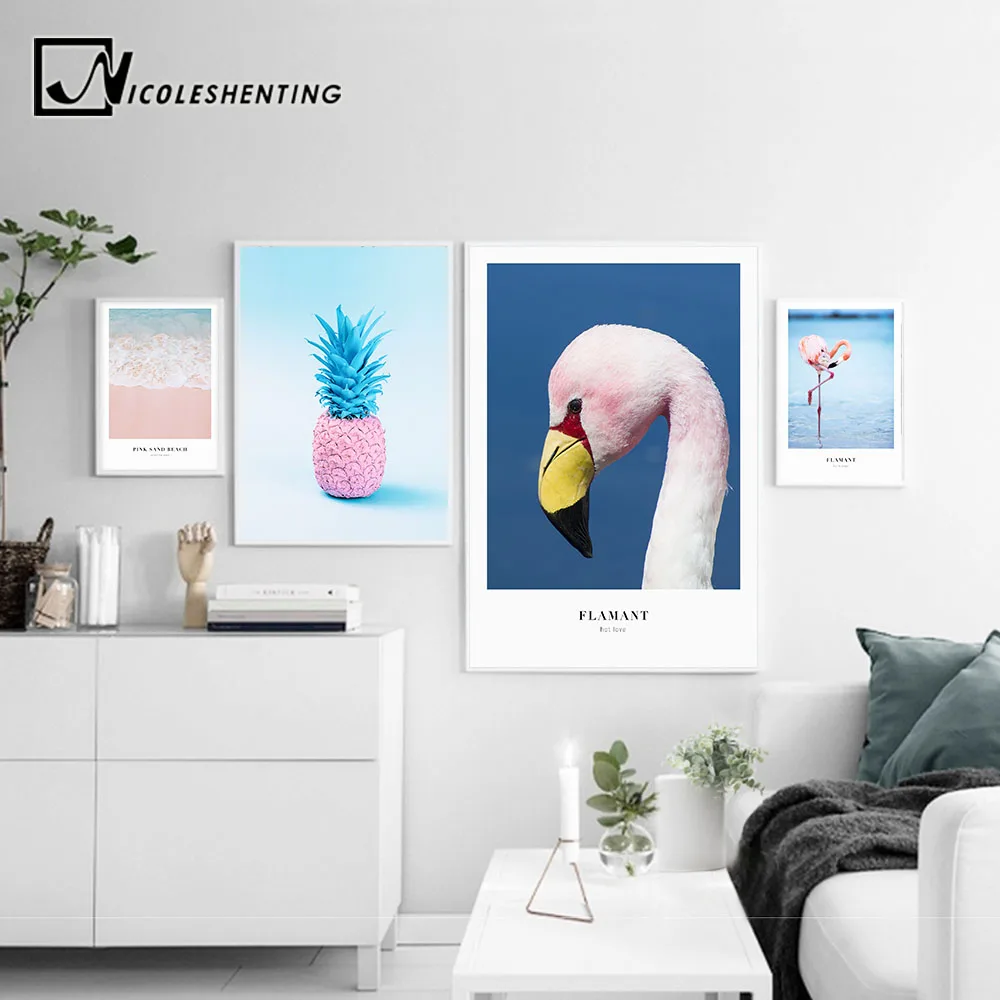 

Ocean Sea Wave Flamingo Landscape Canvas Poster Noridc Style Pink Pineapple Wall Art Print Painting Decorative Picture