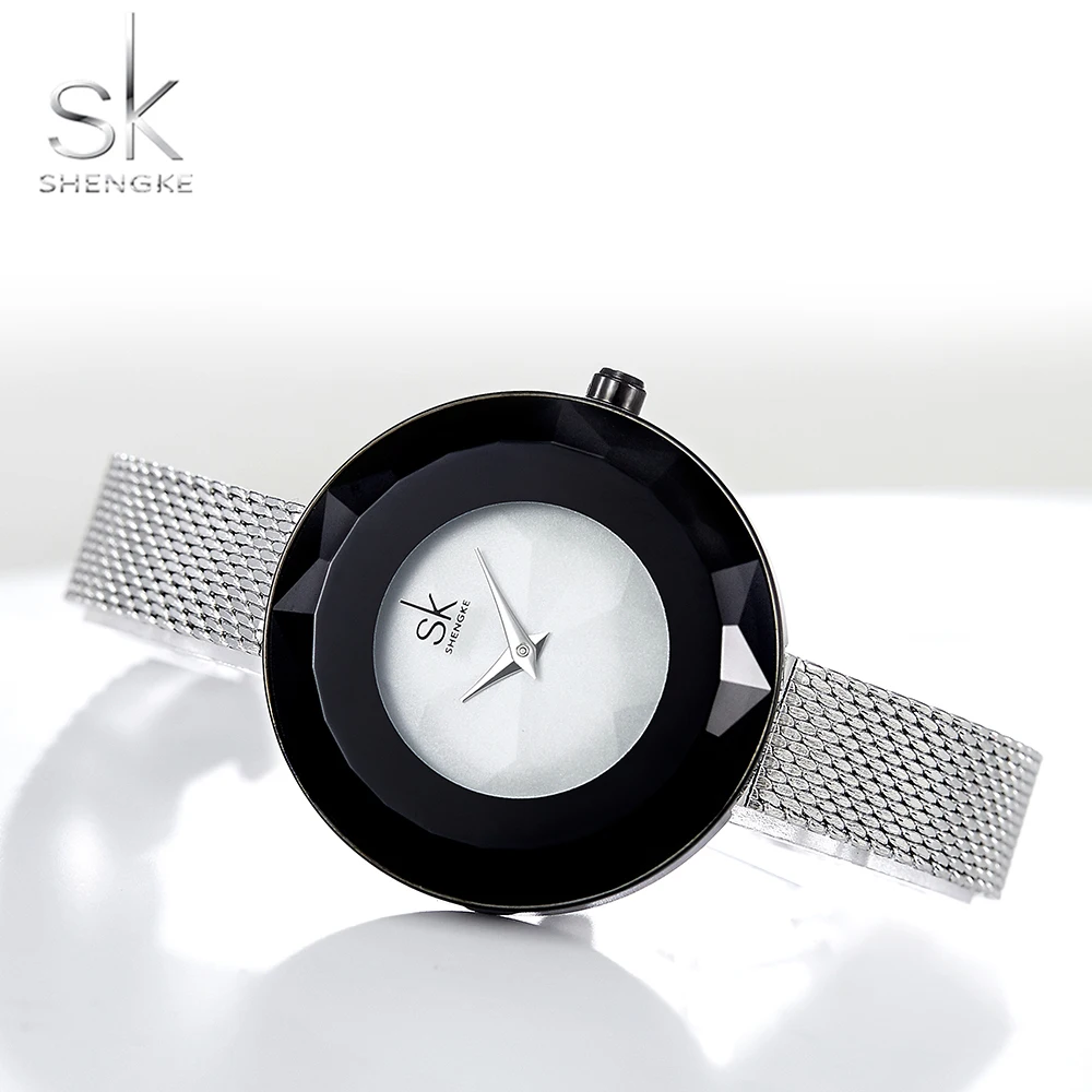 

2019 Fashion Luxury Ladies Watch Prism Face Silver Steel Mesh Quartz Women Watches Top Brand Shengke Clock Relogio Feminino Gift