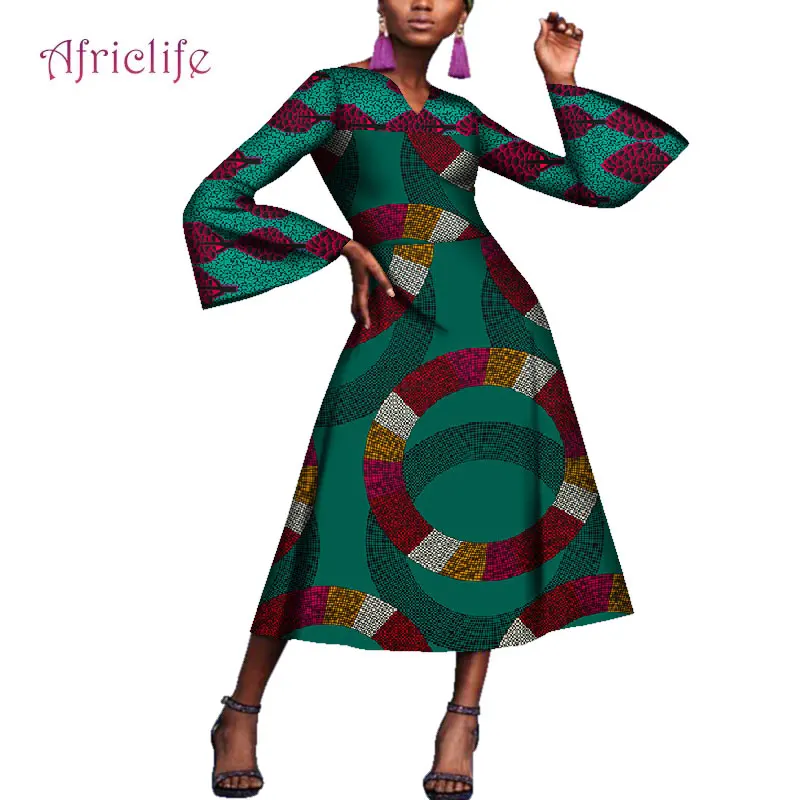 Женские платья с принтом в африканском стиле; сезон весна-лето; Хлопковые женские платья с v-образным вырезом и длинными рукавами; большие