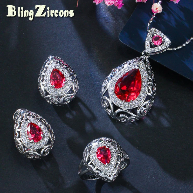 

BlingZircons Vintage Design CZ Sterling Silver 925 Turkish Jewelry Rose Red Crystal Water Drop Necklace Earring Ring Sets JS022