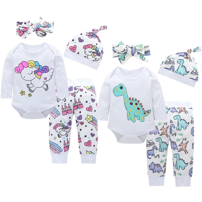 

Infant Baby Boy Girl Clothes set Cartoon Dinosaur Unicorn Romper+Pants+Headband+Hat 4 Pieces Toddler bebe kids outfits set