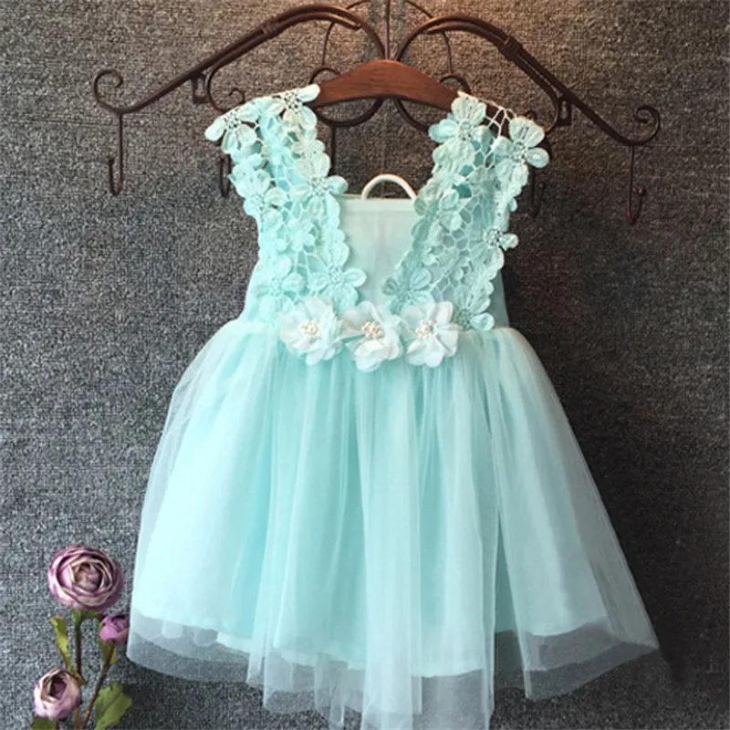 

2016 New Baby Girls Princess Lace Dress Tulle Flower Backless Pleated Floral Gown Formal Party Dress