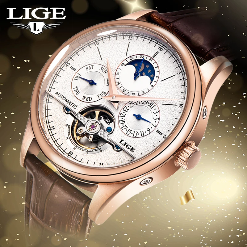 

LIGE Mens watches Automatic mechanical watch tourbillon clock Military sports and leisure Brand leather watch relogio masculino