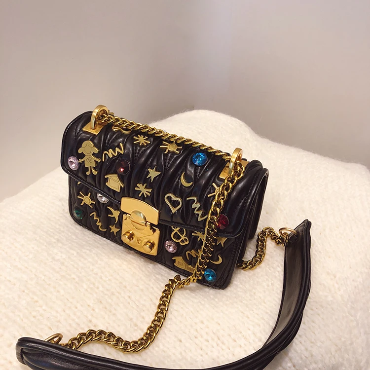 TekiEssica/Золотые кожаные маленькие Дизайнерские Сумочки в стиле панк, луна, звезда, металлическая цепочка, женские сумочки, женские сумочки, вечерняя сумка через плечо