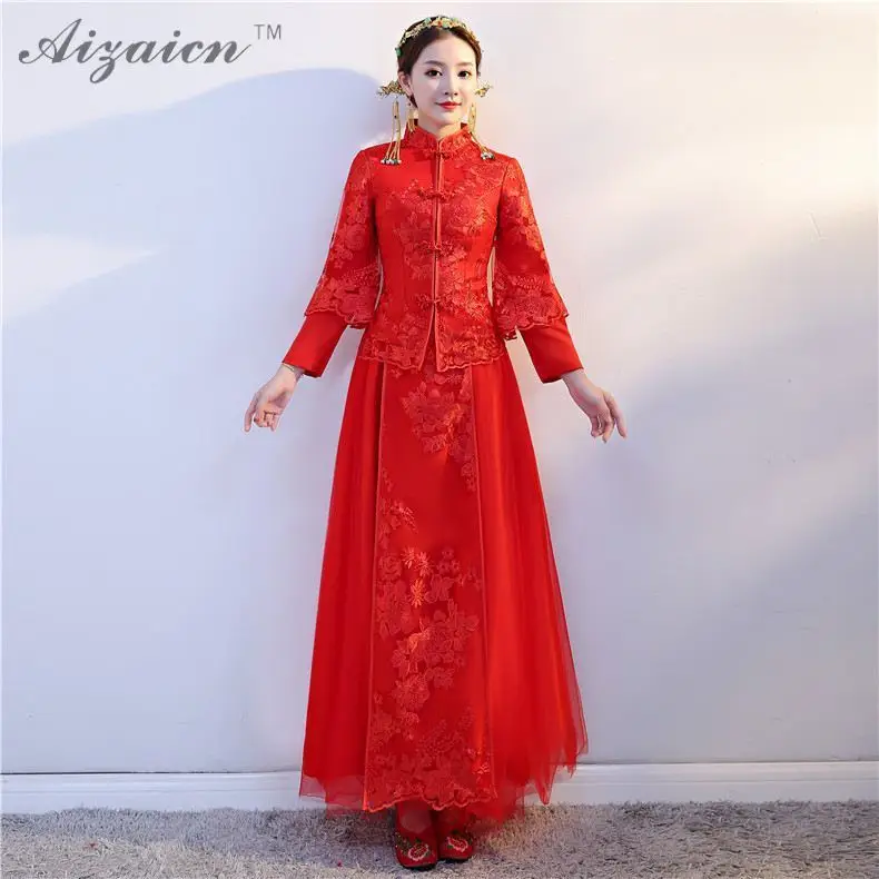 Красный кружево Китайский традиционный свадебный платье Qipao длинные RobeEvening платья плюс вышивка Cheongsam Vestidos Chines