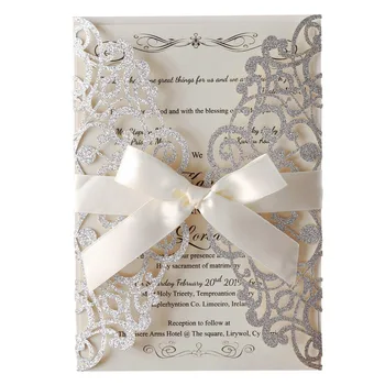 

1 pcs sample Sliver Glitter Laser Cut Wedding Invitations Cards With Ribbon Hollow Flora for Bridal Shower Party supplies