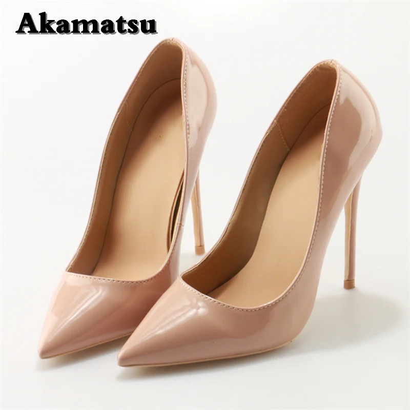 Nude Patent Leather Shoes Women 12cm Pointed Toe High Heel 