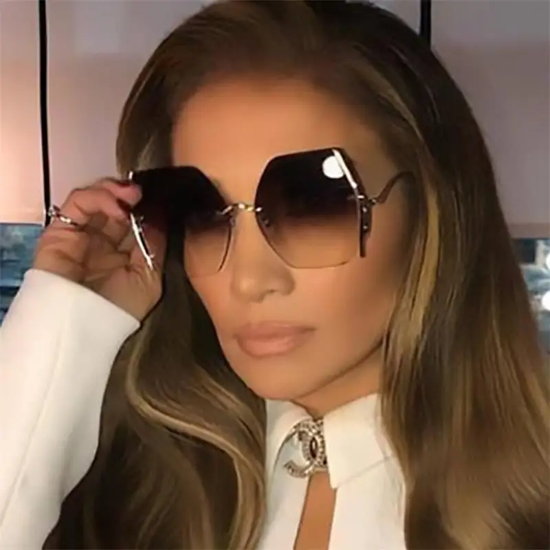 

Fashion Women’s Sunglasses 2019 Big Frame Rimless Sunglasses Metal Brown Gradient Shades Luxury Brand Designer Glasses