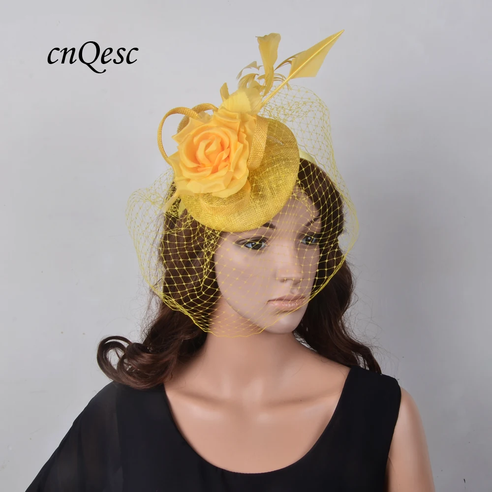 NEW Real silk flower,YELLOW SINAMAY Fascinator pillbox hat fedora Chapeau with veiling for Kentucky Derby  Wedding party races