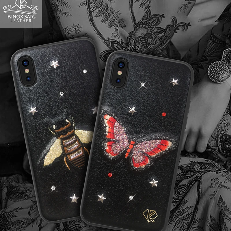 

Kingxbar 3D Embroidery Bee Butterfly Bling Case For iPhone X Luxury Leather Back Case For iPhone X Diamond Rivets Elements Cover