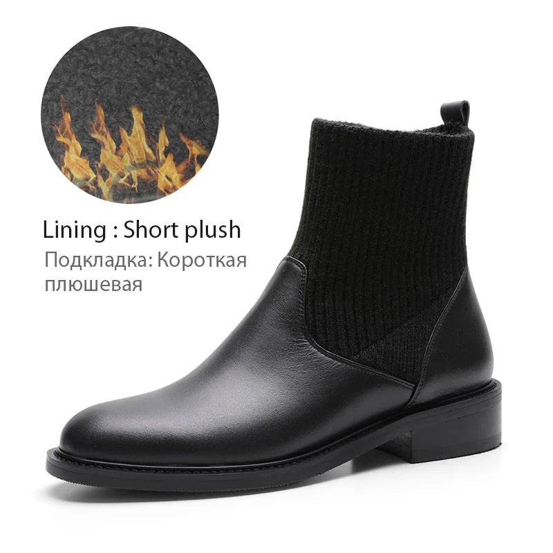Cow leather Plush Donna-in/женские ботильоны из натуральной кожи; сезон осень-зима; Теплые повседневные ботинки на низком каблуке с круглым носком на резиновой подошве; женская обувь; Цвет Черный - Цвет: Cow leather Plush