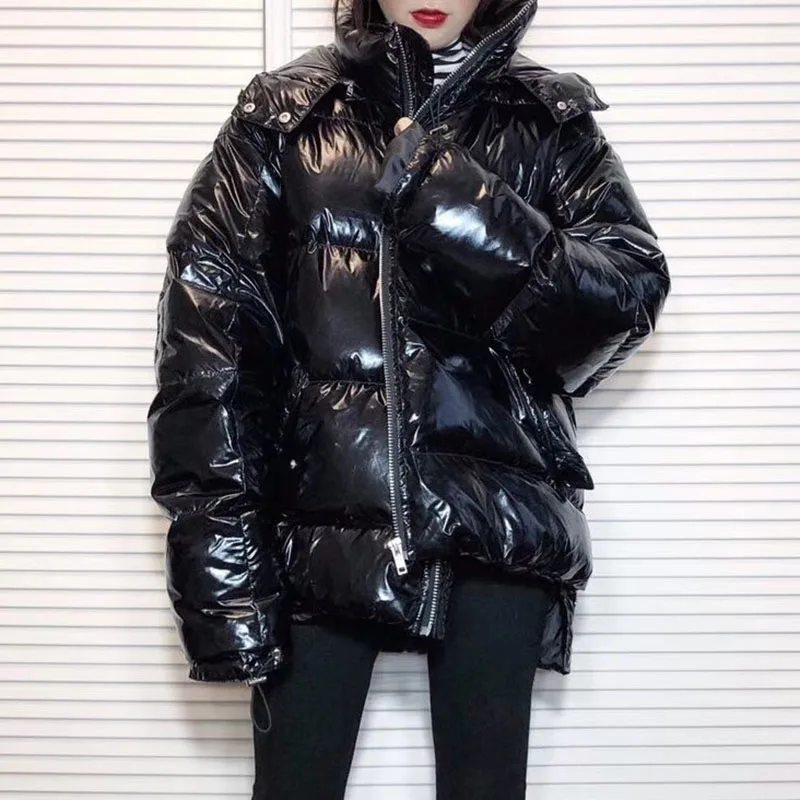 

2019 Large Down Jacket Women Winter Thick White Duck Down Coats Warm Hooded Parkas New Fashion Shiny Glossy Silver Down Overcoat