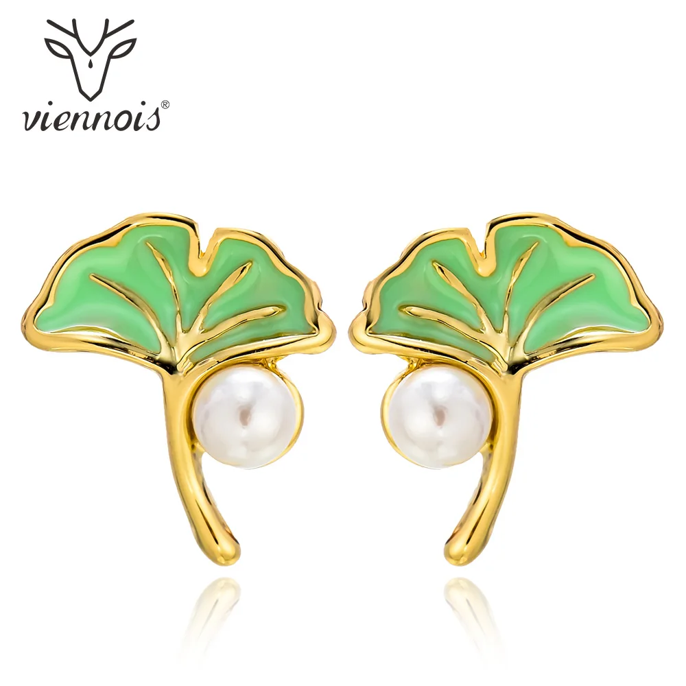Viennois Fashion Jewelry Gold Color Mini Green Leaves Faux Pearl Stud Earrings for Women