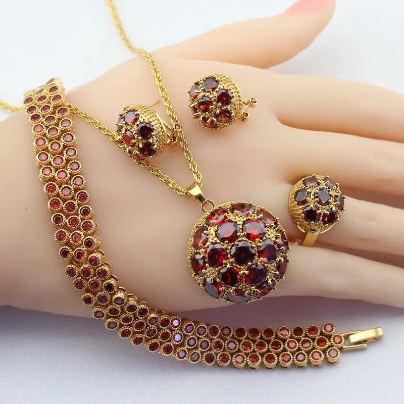 Золотой цвет, ювелирные наборы для женщин, Красный кубический цирконий, браслет, серьги, ожерелье, подвеска, кольца, подарочная коробка