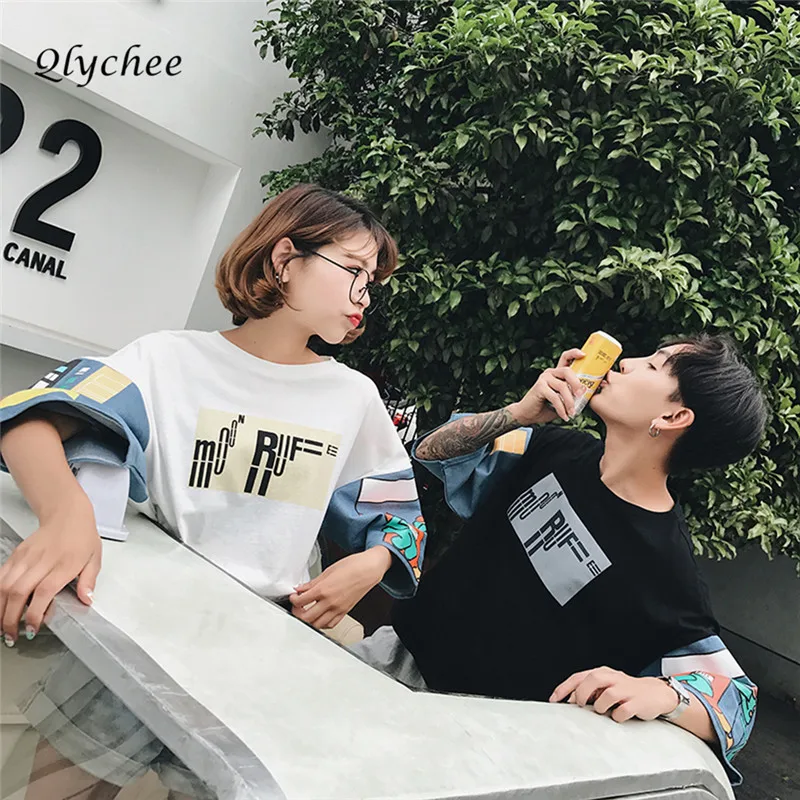 Qlychee Fashion Streetwear Patchwork Print T shirt Women Three Quarter Sleeve O Neck Harajuku Lady Top Tee Spring T-shirt Female