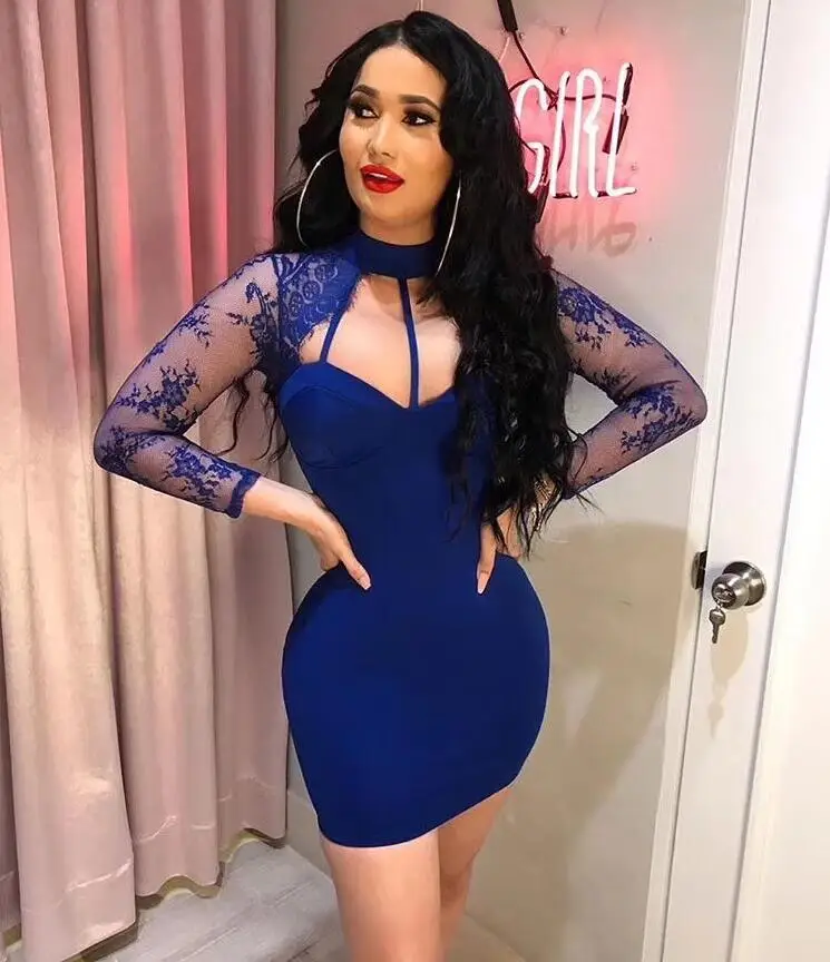 

Hot Sale Sexy Long Sleeve Blue Lace Bandage Dress 2018 Celebrity Designer Fashion Party Dress Vestido