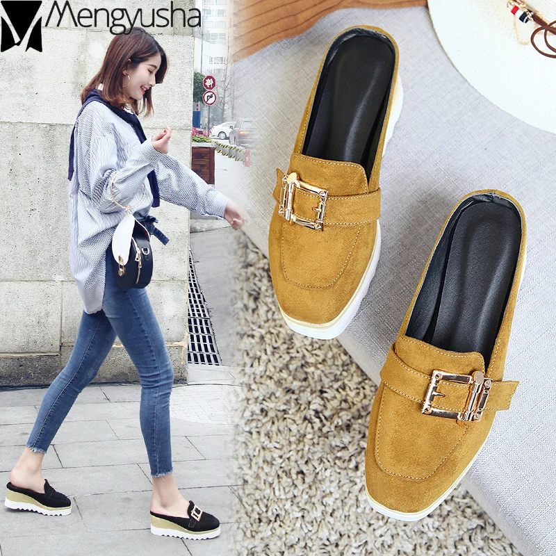 

Platform shoes wedges belt buckle woman summer slippers brief casual retro square toe slides mules thick bottom flock flip flops