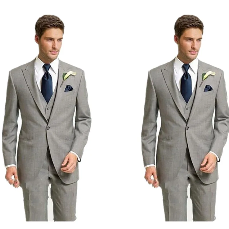 3 pieces Suit Light Grey Groom Tuxedos Peaked Lapel Side Vent Groomsmen