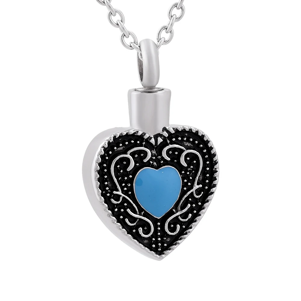 Blue Heart In Heart Cremation Urn Necklace for Ashes Stainless Steel