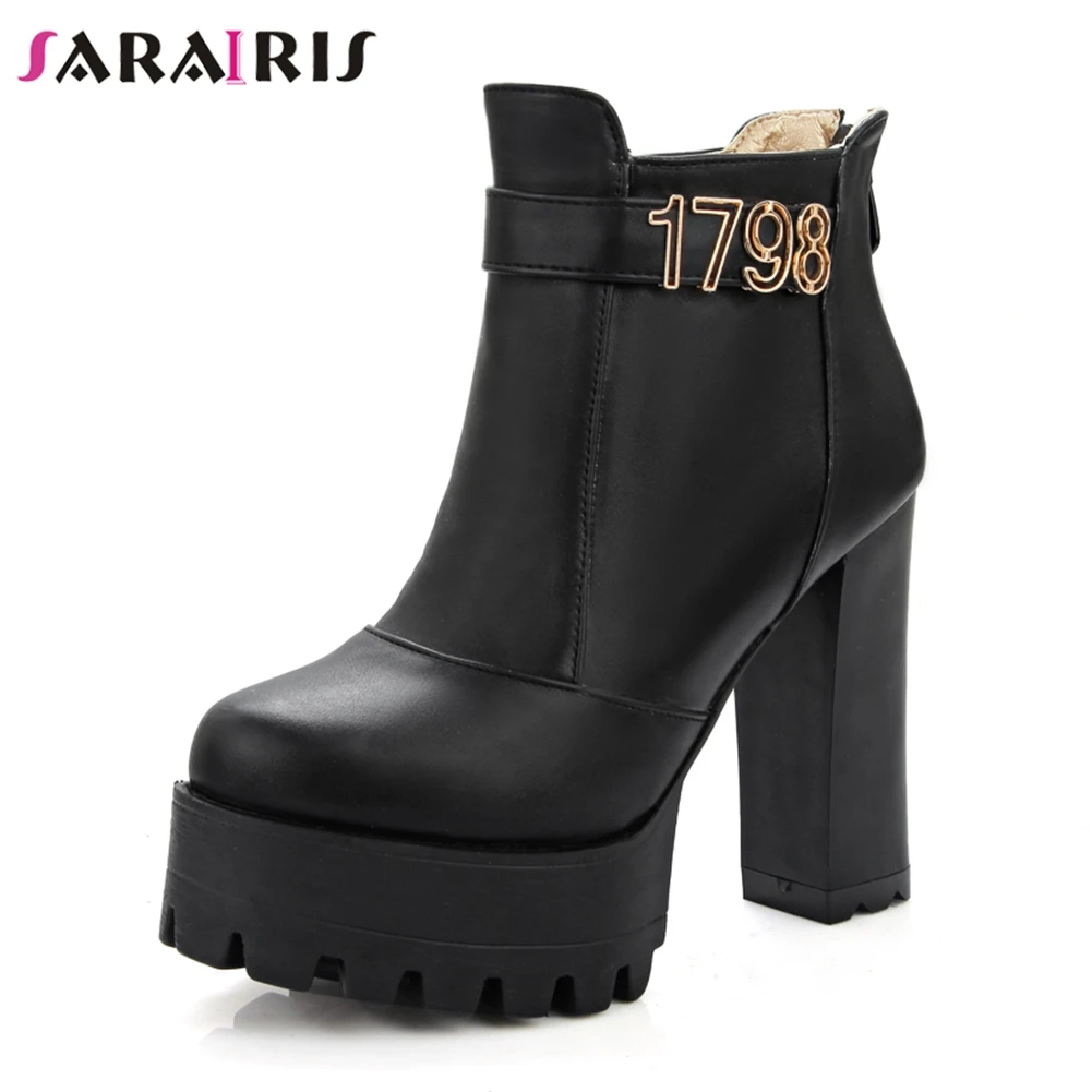 

SARAIRIS Winter Spring 33-43 Fashion Decorating Ankle Booties Women Motorcycle Fur Boots Waterproof High Heels Shoes Woman